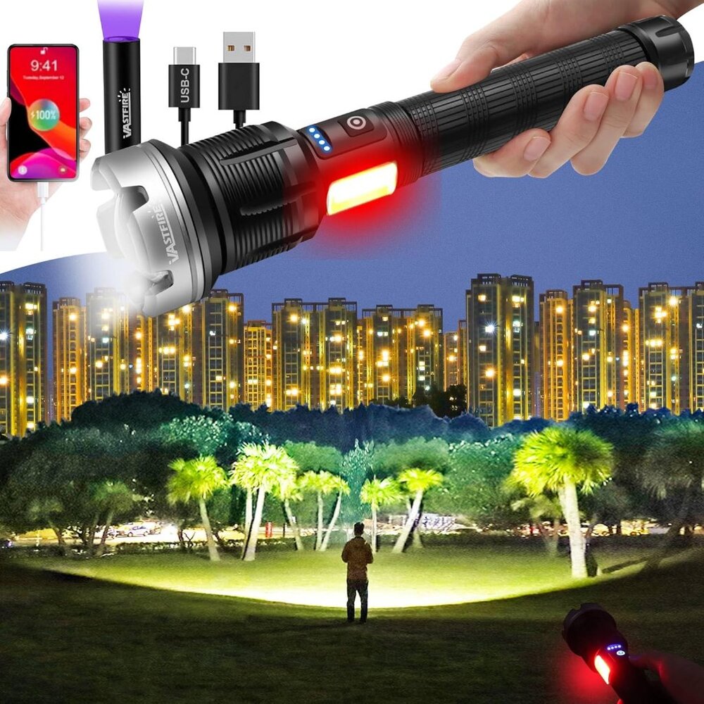 Rechargeable High-Lumen Flashlight with Spotlight and UV Mini Light for Camping